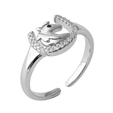 Imagem de OIDIMS Anel de cavalo em ferradura delicada para mulheres moderno CZ cristal ferradura ajustável no meio aberto anel de dedo em forma de U anéis de declaração de boa sorte moda animal fofo ajuste
