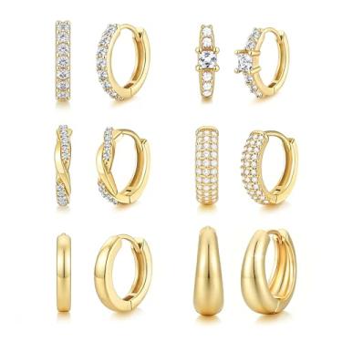 Imagem de Tiwindx 6 pares de brincos de argola pequenos para mulheres, brincos de argola de ouro delicados, zircônia cúbica para vários piercings, conjunto de brincos de argola femininos