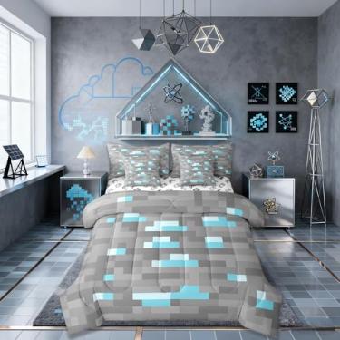 Imagem de Pixelated Blocks Conjunto de cama Queen, tamanho Queen, jogo de videogame, gamepad, 7 peças, decoração de patchwork de grade geométrica para meninas e meninos, cinza e azul (com elástico + lençol + 2