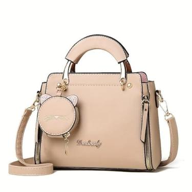 Imagem de CHENXIAOHONG Bolsa feminina média de couro sintético com alça removível, bolsa transversal e de mão, estilo fofo com chaveiro gatinho(Caqui)
