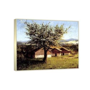 Imagem de Reprodução de pinturas famosas de Gustave Courbet- (macieira florida) Impressão em tela. Imagens de arte de parede para decoração de sala de estar (30 x 35 cm (11,8 x 13,7 pol)/molduras champanhe)