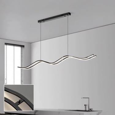 Imagem de Luminária pendente preta de LED, estilo linear, para ilha de cozinha, sala de jantar, com intensidade regulável e controle remoto, ideal para mesa de jantar, cozinha, escritório, bar ou loja