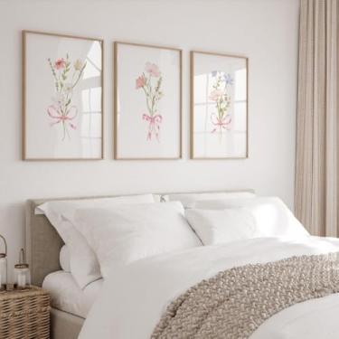 Imagem de Conjunto de 3 impressões de arte de parede com laço de flor, arte emoldurada para quarto, sala de estar, casa, decoração de quarto de meninas adolescentes com moldura interna