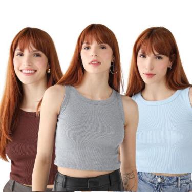 Imagem de Kit 3 Blusas Feminina Cropped Ribana Algodão Premium - 77VS LEVOSCH, C