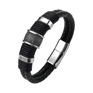Imagem de Pulseira Masculina De Couro Genuíno Marrom Com Contas De Pedra Multica
