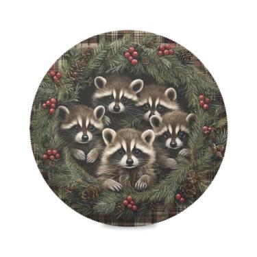 Imagem de STAYTOP Guirlanda de Natal de guaxinim fofa, jogo americano redondo, 1 peça, tapetes de mesa antiderrapantes fáceis de limpar para decoração de mesa de festa e churrasco