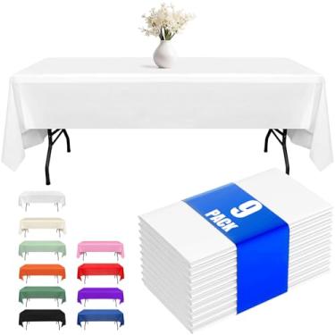 Imagem de Fixwal Pacote com 9 toalhas de mesa de plástico descartáveis, 137 x 272 cm, festa, piquenique, casamento, toalhas de mesa decorativas, retângulo, capa de plástico branca, à prova de vazamento e