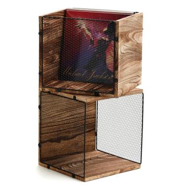 Imagem de Sanmtin Caixa de armazenamento de discos de vinil, porta-discos de vinil de madeira e metal para 80-100 LP, caixa de armazenamento de álbum resistente (marrom retrô, 2)