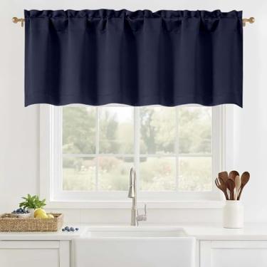 Imagem de OVZME Saia azul marinho para janelas - cortina de cozinha com filtro de luz para quarto, banheiro, trailer, cortina pequena sólida para janelas, bolso de haste, 1 peça, 152 cm L x 45 cm C