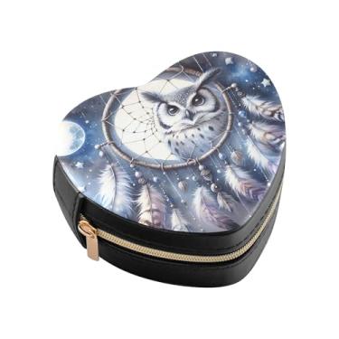 Imagem de Burbuja Caixa de joias Dreacatcher com coruja em forma de coração, mini estojo de viagem para mulheres e meninas, estojo portátil organizador de armazenamento para brincos, anéis, colares e pulseiras
