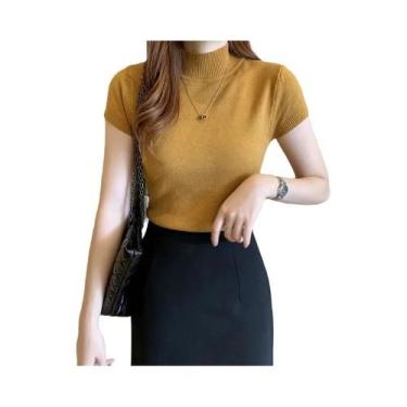 Imagem de Blusa Feminina Branca Slim Fit Com Gola Alta Estilo Coreano Manga Curt