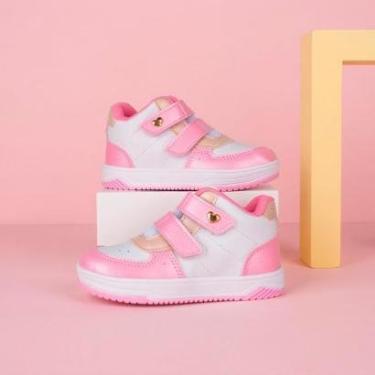 Imagem de Tênis Infantil Menina Kidy Happy Rosa e Branco com Velcro Confortável e Delicado-Feminino