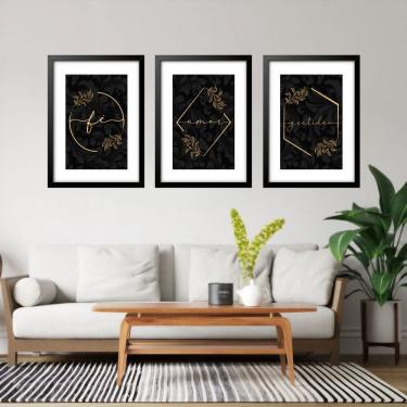 Imagem de Kit 3 Quadros Grandes Dourado Fé Amor Gratidão 60x48cm