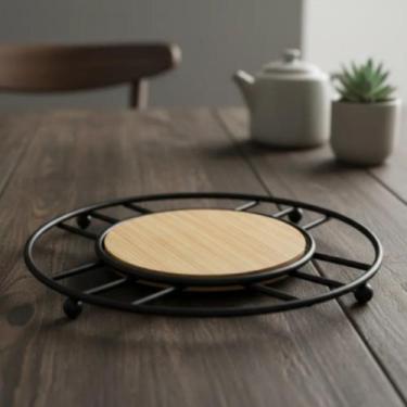 Imagem de Descanso de Panelas Quente Mesa 18cm de Bambu e Inox Preto Redondo Lis