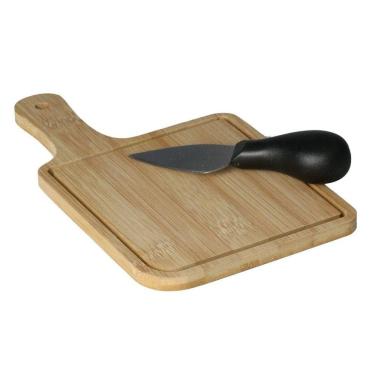 Imagem de Cj 2 Acessórios para Queijos C/Faca Aço Inox C/Cabo Plástico Preto e Tábua de Bambu 20x12cm Lyor