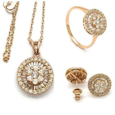 Imagem de Conjunto Pingente Anel Brinco Ouro Rose 18k Cravejado Diamante Brilhan