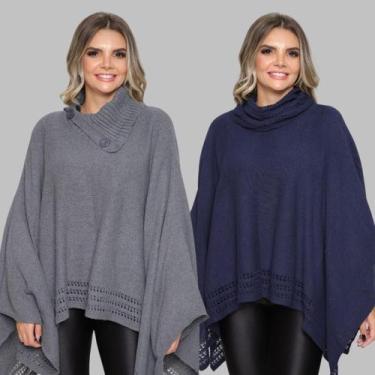 Imagem de Kit 2 Poncho Feminino Tricot Liso Gola Alta Casaco Lã Inverno - GIP, C