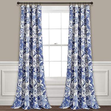 Imagem de Lush Decor Cortinas Sydney brancas azul-marinho | Conjunto de painéis de janela com escurecimento floral para sala de jantar, quarto (par), 213 cm de comprimento x 132 cm de largura, G