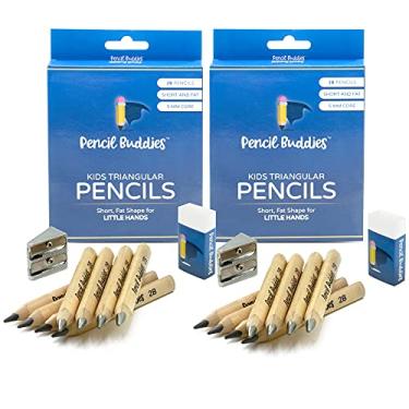 Imagem de Lápis infantil 2B para crianças pequenas, iniciantes, jardim de infância e pré-escolares, comprimento curto com formato triangular jumbo, núcleo grande de 5 mm, apontador e borracha incluídos, 2 pacotes de 8 lápis espessos (madeira natural)