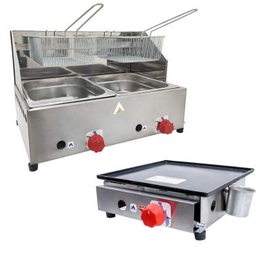 Imagem de Kit Lanchonete Chapa 30cm e Fritadeira Profissional 2 Cubas Alcamar