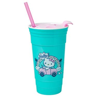 Imagem de Silver Buffalo Sanrio Hello Kitty Driving in Car Under a Rainbow Copo de plástico com tampa e canudo, 946 ml