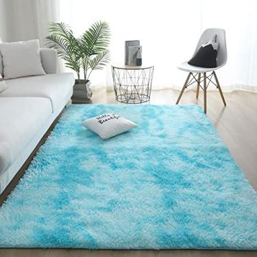 Imagem de Tapetes de área felpudos macios modernos para ambientes internos, tapete de área de acento de berçário de pelúcia antiderrapante, tapete felpudo de pele sintética peludo para sala de estar decoração de casa tingido azul céu 99 x 163 cm