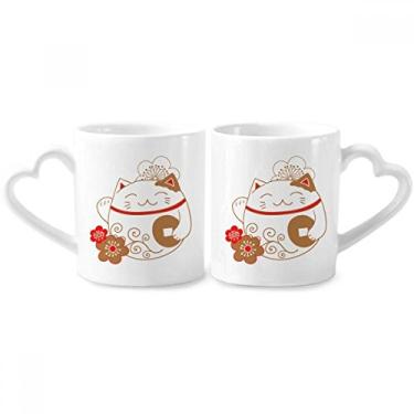 Imagem de Conjunto de canecas japonesas Lucky Fortune Cat Flower Copper Couple Porcelain Mug Ceramic Lover Cup Heart Handle