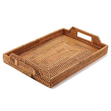 Imagem de Bandeja de servir de ratã trançada à mão com alças para o café da manhã, bebidas, lanche para jantar/mesa, retangular, 17 inch (43 cm), 1