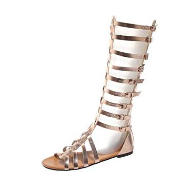 Imagem de Sandálias femininas casuais de verão com bico aberto gladiador botas até o joelho sapatos de salto plano retrô sandálias boêmia de praia, Dourado, 9