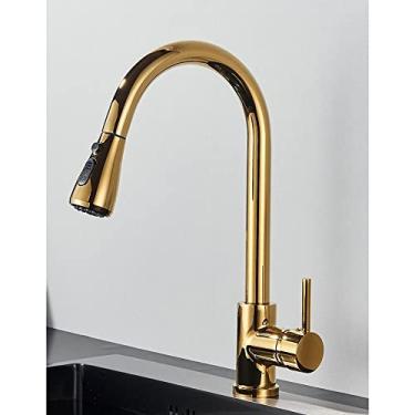 Imagem de Torneira de cozinha de níquel escovado com furo único, bico removível para pia de cozinha, torneira misturadora, cabeça de pulverização, torneira misturadora cromada/preta, dourada A