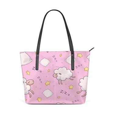 Imagem de Bolsa de ombro para mulheres, sacola de couro para compras, grande, rosa, fofa, decoração de ovelhas, bolsa casual
