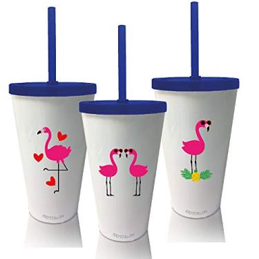 Imagem de Kit 3 Copos com Tampa e Canudo Azul Personalizados Flamingo Dia das Crianças