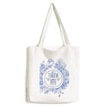 Imagem de Bolsa de lona com estampa de plantas azuis rosa bolsa de compras casual bolsa de compras