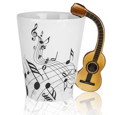 Imagem de LanHong – Caneca de guitarra com design de notas musicais de 340 g para chá e café, caneca de café com música e taça de cerâmica para presente para amigos, Madeira
