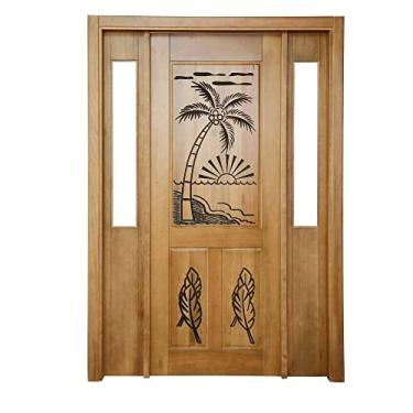 Imagem de Portal Madeira Maciça Vitrô Duplo Palmeira Entalhada Completa 143x213x16cm Cedro Rosa Madeira