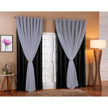 Imagem de Cortina De Voil Com Forro Blackout Tecido 3,00X2,30 Sala E Quarto Preto/Cinza