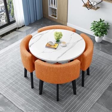 Imagem de Mesa de jantar de negócios, combinação de mesas e cadeiras de recepção de negociação redonda, cafeteria Mesa de lazer estilo retrô cadeira de tecido de linho de algodão Pernas de metal Escri