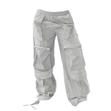 Imagem de Calça casual feminina solta de perna larga com elástico na cintura bolso lateral com zíper lateral calça casual para mulheres plus size, Cinza, P