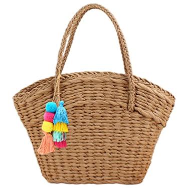 Imagem de Bolsa feminina de palha para verão e praia, bolsa de ombro feita à mão, Caqui, One Size