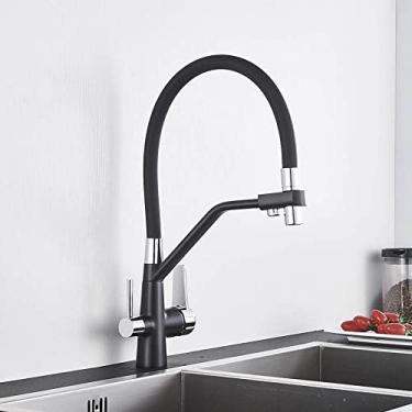 Imagem de Torneira da pia da cozinha torneira do filtro de água pura misturador guindaste dupla alças purificação cozinha quente e fria, preto e cromo