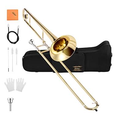 Imagem de Trombone deslizante Eastar tenor Bb para estudantes iniciantes, instrumento de trombone banhado a latão plano B com bocal, luvas brancas, kit de limpeza, ETB-330, dourado