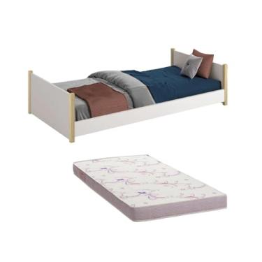 Imagem de Cama Solteiro Evolutiva Ravi 2 Em 1 Com Pés Madeira Natural Branco Fosco Com Colchão - Reller