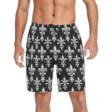 Imagem de CHIFIGNO Calça de pijama masculina, leve, masculina, calça de pijama com bolsos e cordão, Flor de Lis-4 preto e branco, XXG