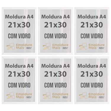 Imagem de Kit 6 Molduras A4 21x30 cm Com Vidro para Certificados Diplomas Fotos Quadros Decorativos temos cores Branca Preta Dourada Tabaco (Branco)