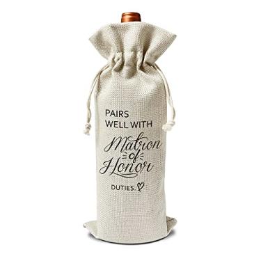 Imagem de Zodvery Combina bem com sacos de presente de vinho Matron of Honor - presente para pedido de dama de honra, deveres de dama de honra - bolsa de presente reutilizável de estopa com cordão (14 cm x 34