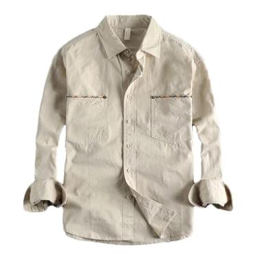 Imagem de Camisa de algodão vintage masculina primavera e outono tendência manga longa camisa masculina casual verão, Bege, GG