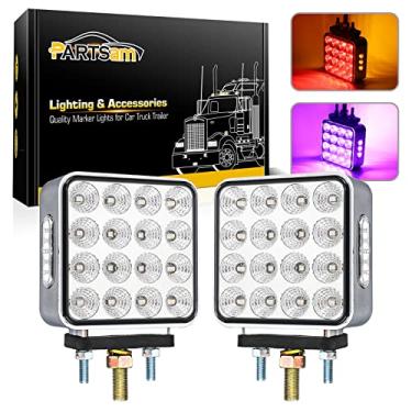Imagem de Partsam 2 marcadores quadrados de dupla face âmbar/vermelho/roxo, 38 diodos/seta e luz de pedestal de LED auxiliar com caixa cromada, substituição selada para Kenworth/Peterbilt/Freightliner