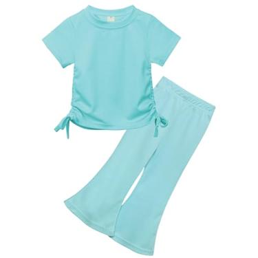 Imagem de SEAUR Conjunto de camiseta e calça de manga curta para meninas com nervuras, camiseta e calça de perna larga, conjunto de 2 peças, Azul lago A, 9-10 Anos