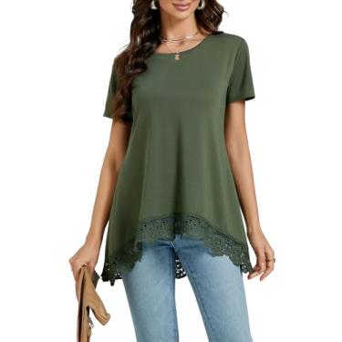 Imagem de Umenlele Vestido feminino com gola redonda, manga curta, renda, emenda, rodado, blusas, túnica longa, camisetas para leggings, Verde militar, XG