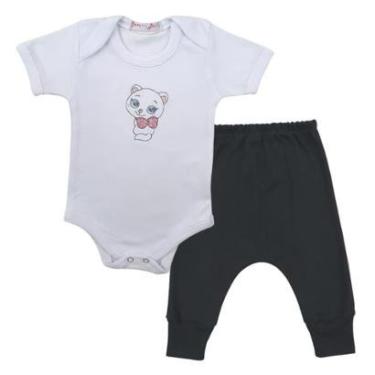 Imagem de Conjunto Body Manga Curta Bordado Gatinha 6 e Calça Suedine Mijão - Roupa Bebê Menina-Feminino